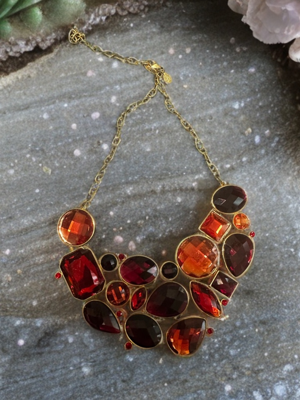 Gold-Tone Statement Necklace with Red and Amber Gemstones